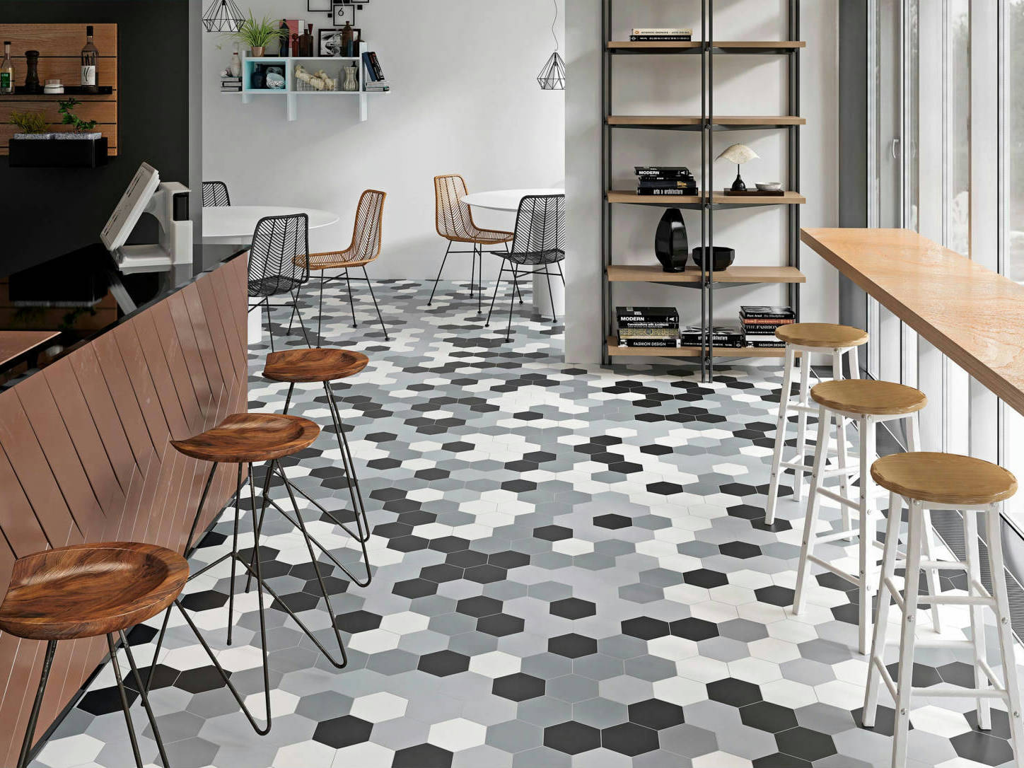 Vida 5.5X6.3” Black, Grey, Pearl, and White  Hexagons | Macar's Interiors
